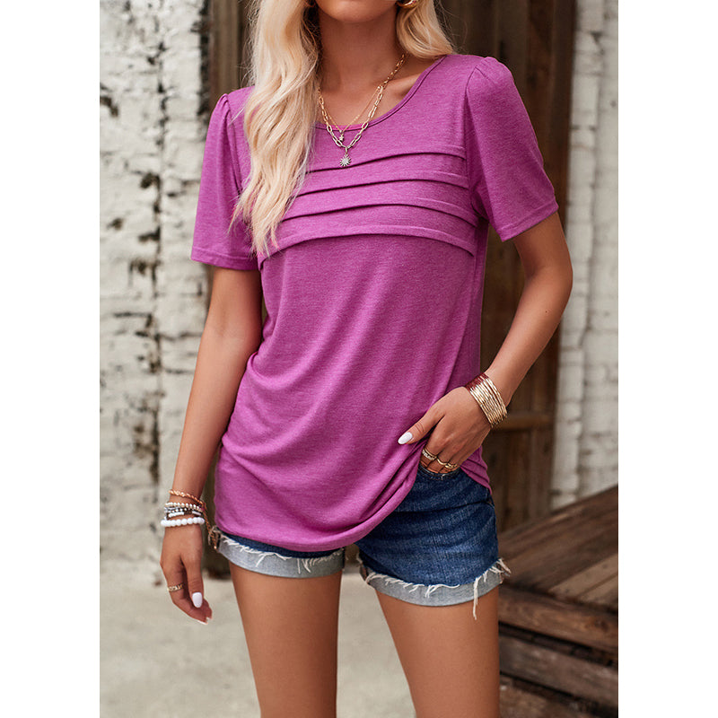 Purple Textured Round Neck Short Sleeves Top