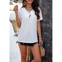 White Self Design V Neck Short Regular Top