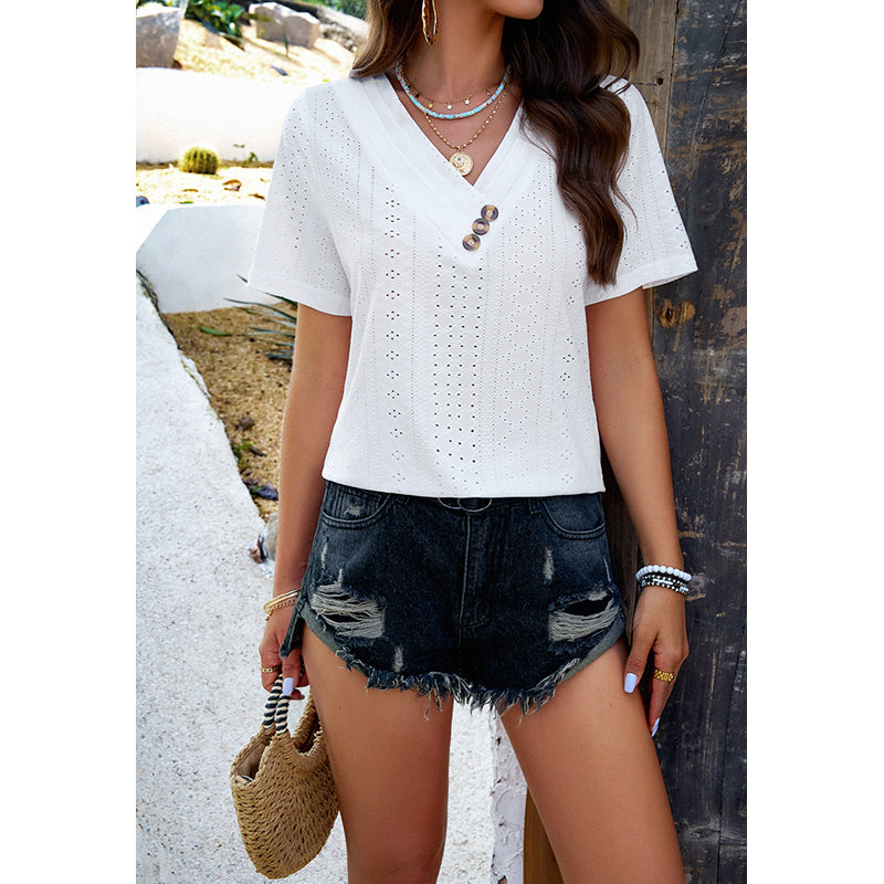 White Self Design V Neck Short Regular Top