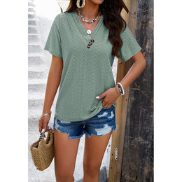 Green Textured V-Neck Short Sleeves Top