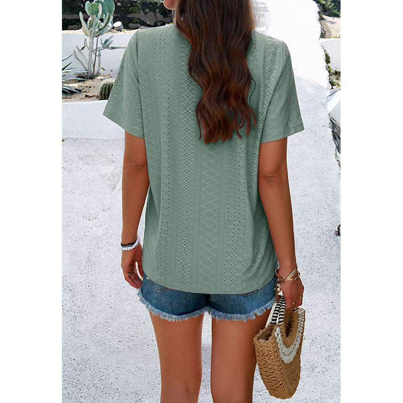 Green Textured V-Neck Short Sleeves Top