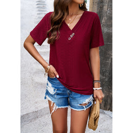 Red V-Neck Short Sleeves Cut Out Regular Top