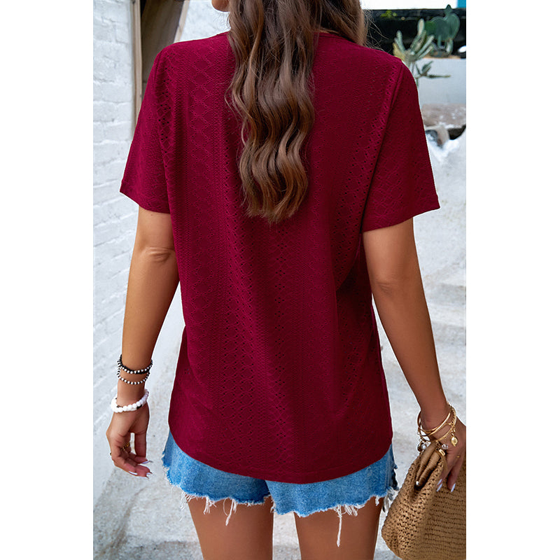 Red V-Neck Short Sleeves Cut Out Regular Top