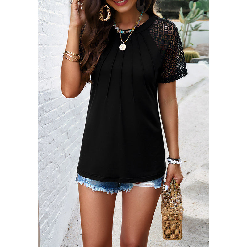 Black Round Neck Short Sleeves Regular Semi Sheer Casual Top