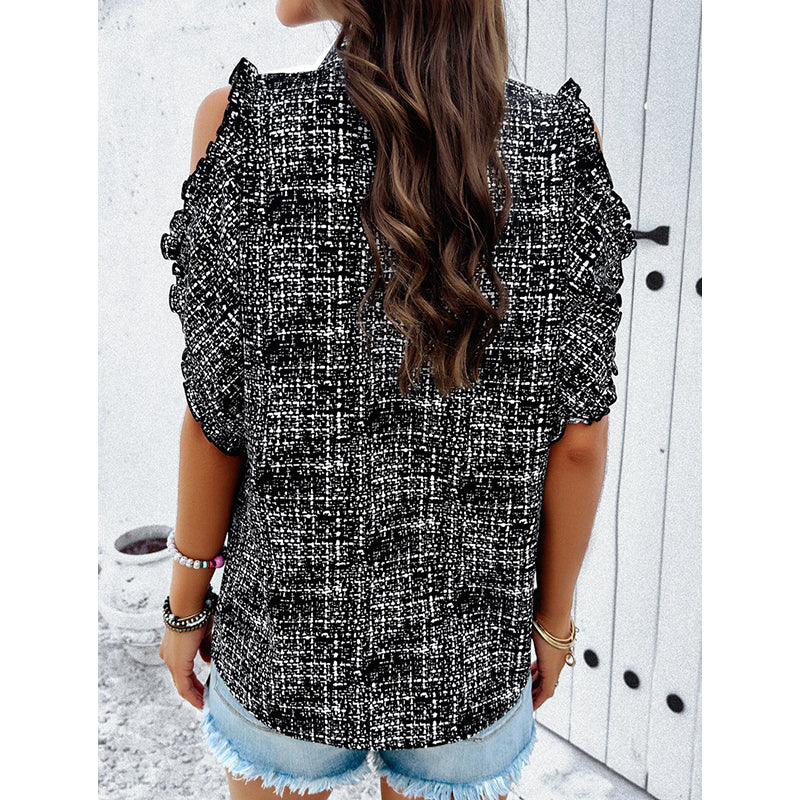 Black Mandarin Collar Cold-Shoulder Sleeves Shirt Style Opaque Casual Top