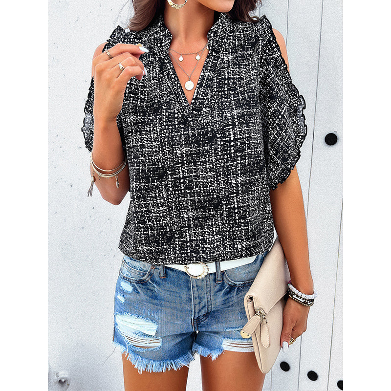 Black Mandarin Collar Cold-Shoulder Sleeves Shirt Style Opaque Casual Top