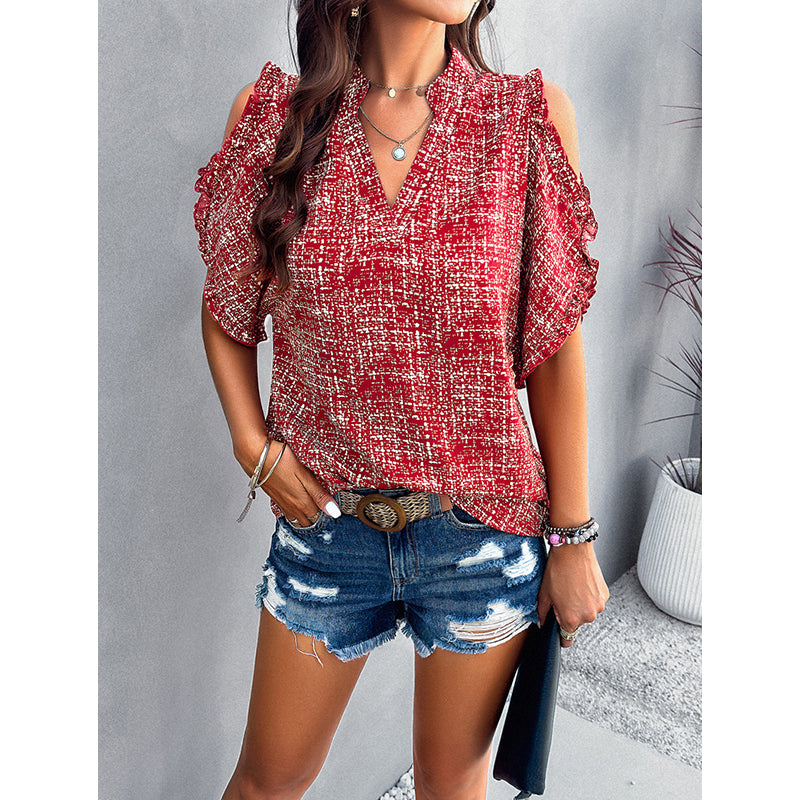 Red Abstract Print V-Neck Flutter Sleeve Top
