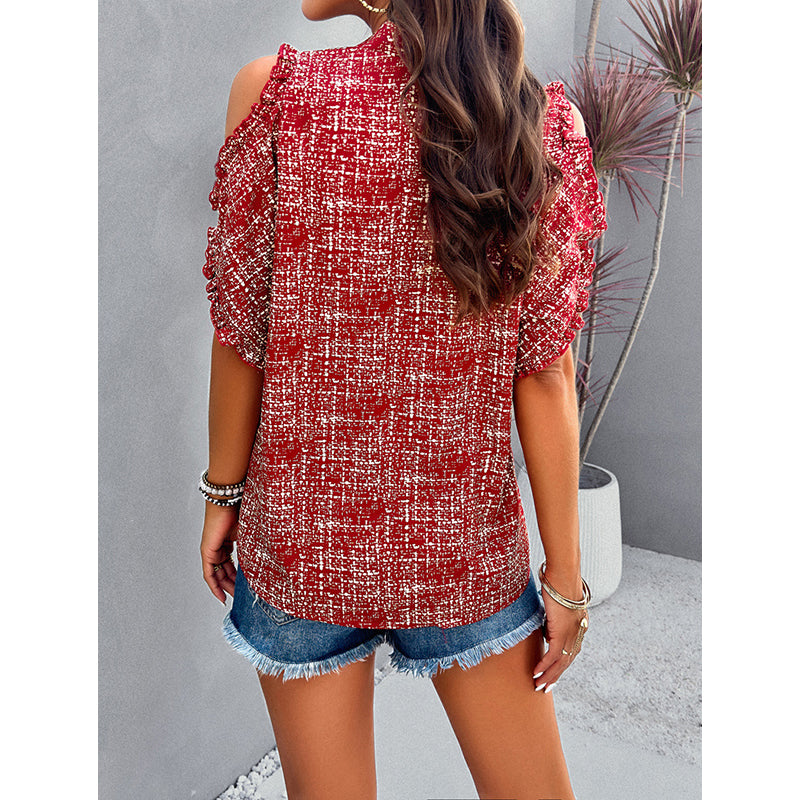 Red Abstract Print V-Neck Flutter Sleeve Top