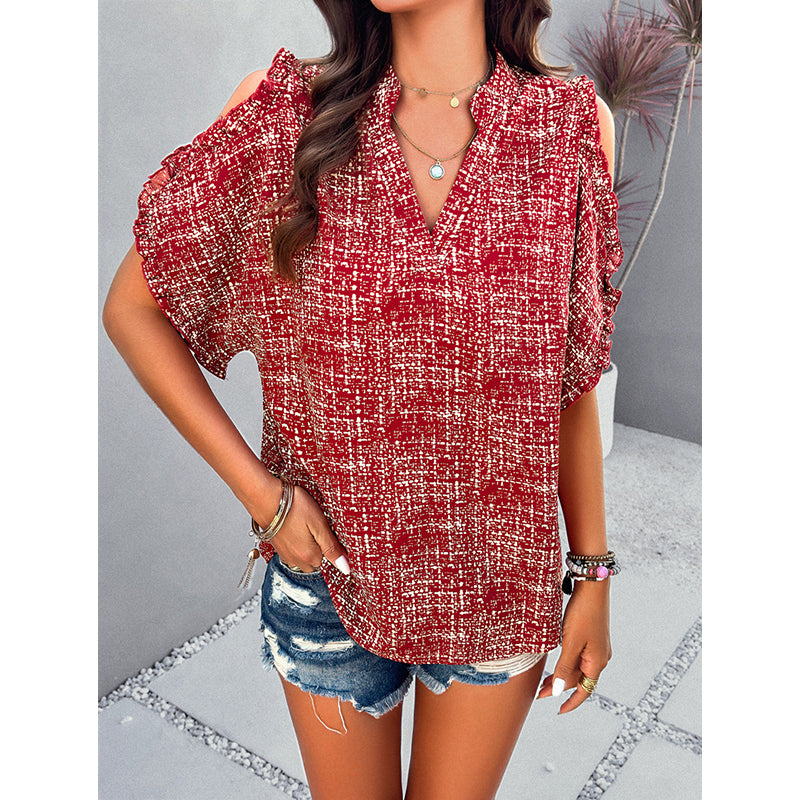 Red Abstract Print V-Neck Flutter Sleeve Top