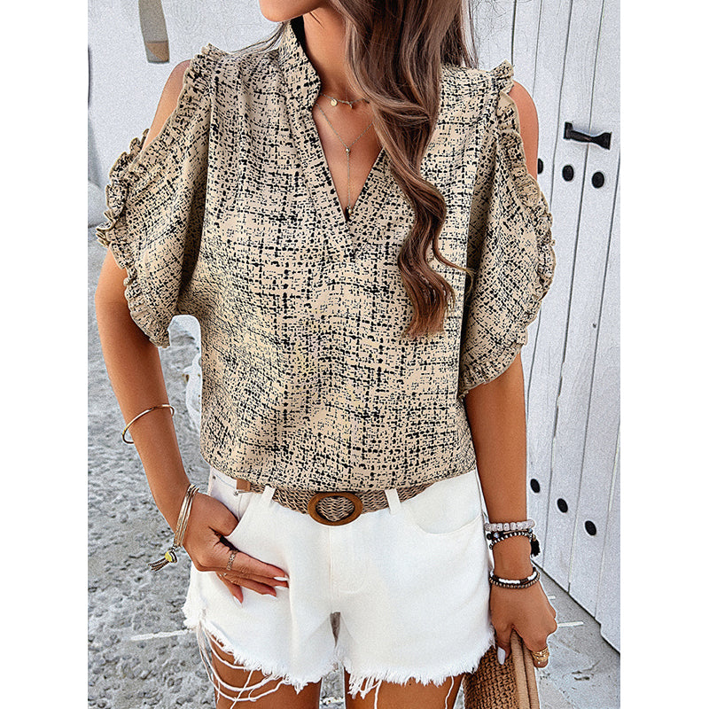 Printed Mandarine Collar Cold Shoulder Sleeves Regular Top