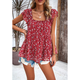 Red Square Neck Flared Sleeves Floral Printed Top