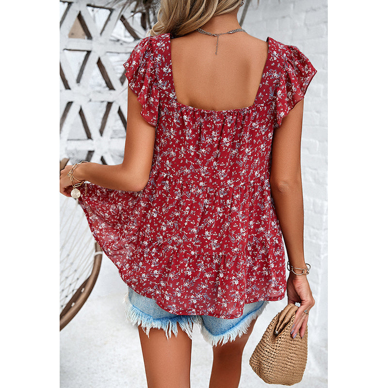 Red Square Neck Flared Sleeves Floral Printed Top