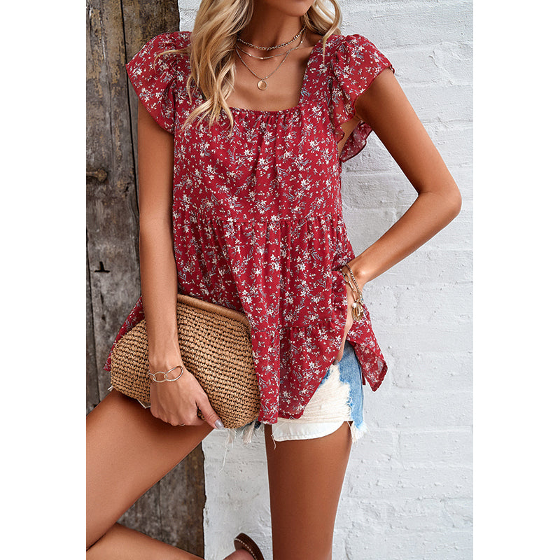Red Square Neck Flared Sleeves Floral Printed Top