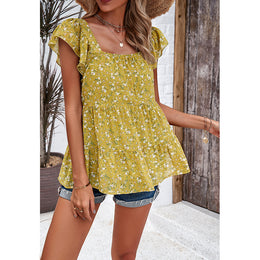 Floral Print Short Sleeves Square Neck Top
