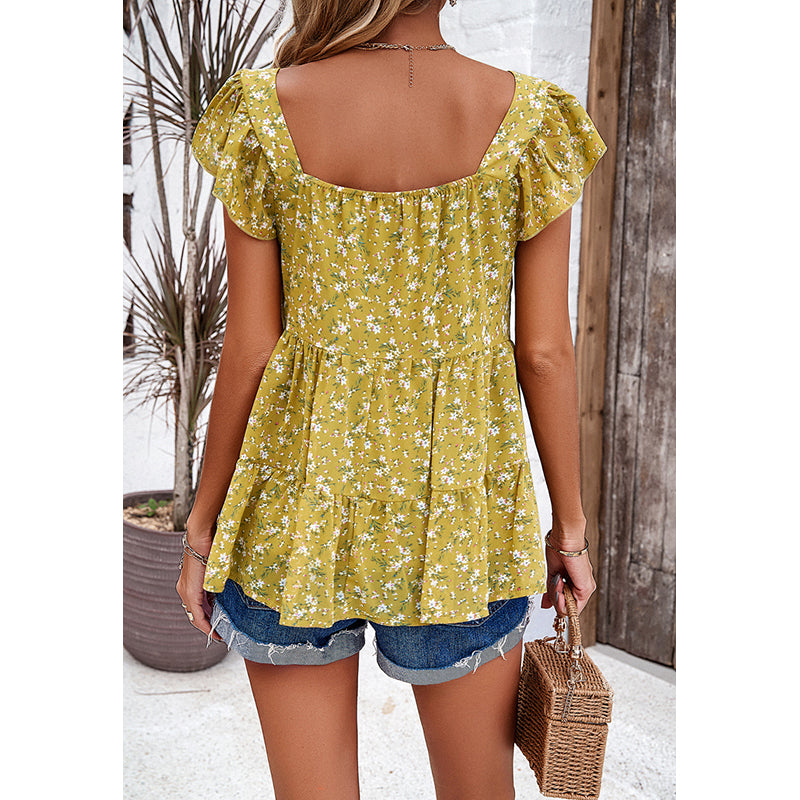 Floral Print Short Sleeves Square Neck Top