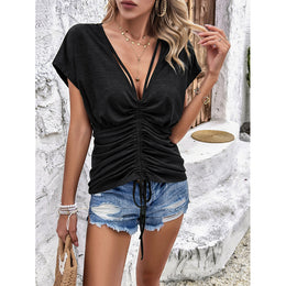Black V-Neck Extended Sleeves Ruched & Tie-Ups Detail Top