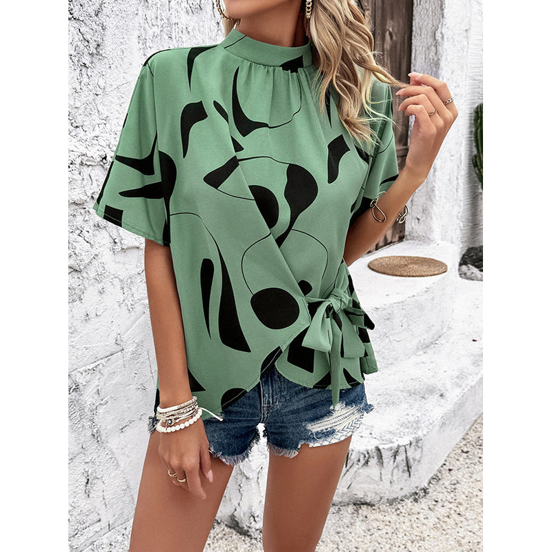 Print Mandarin Collar Extended Sleeves Top