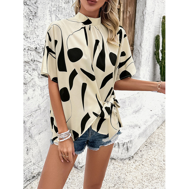 Beige Abstract Printed High Neck Extended Sleeves Shirt Style Top