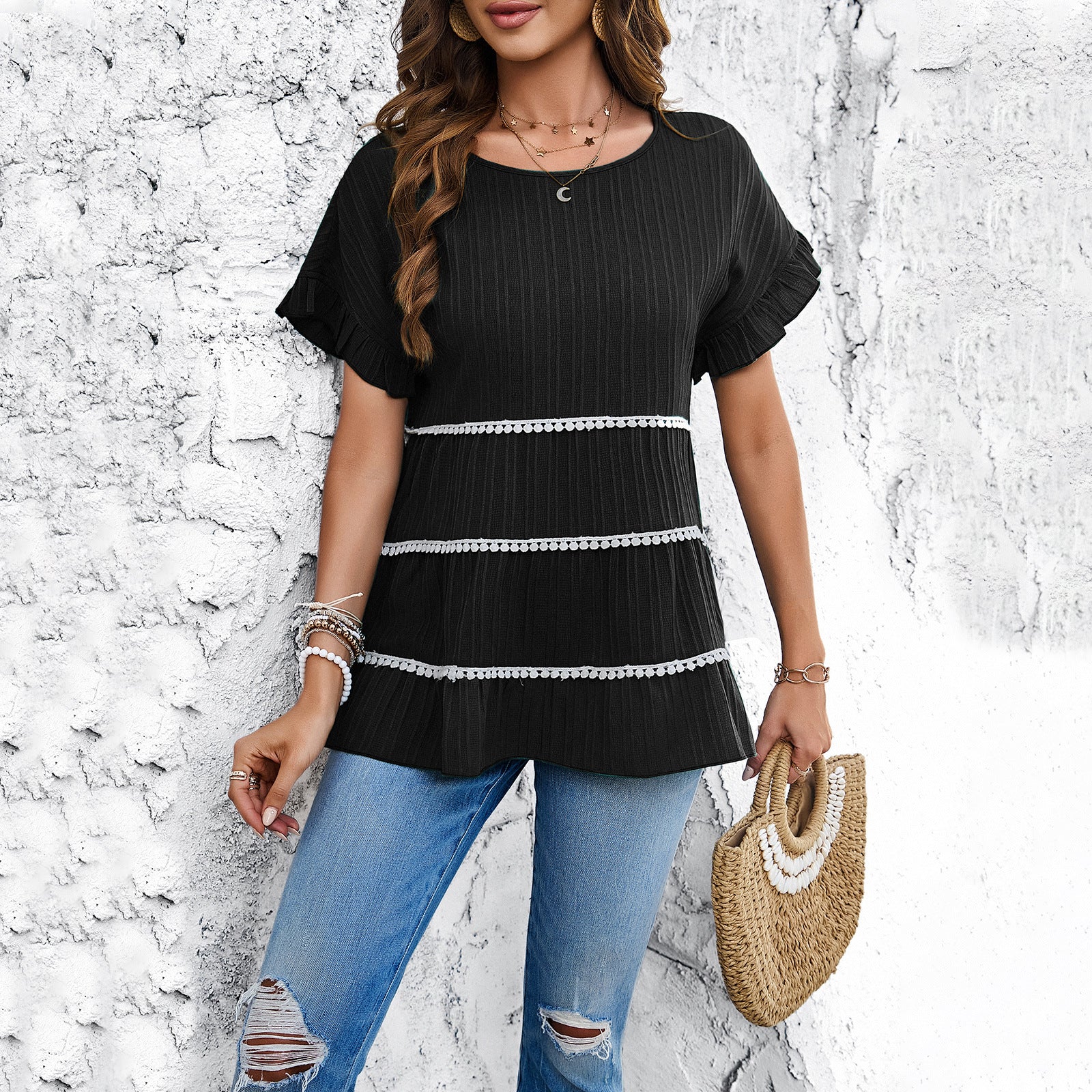 Black Self Design Extended Sleeves Longline Top