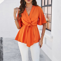 Orange V-Neck Flared Sleeves Tie-Ups Detail Wrap Longline Top