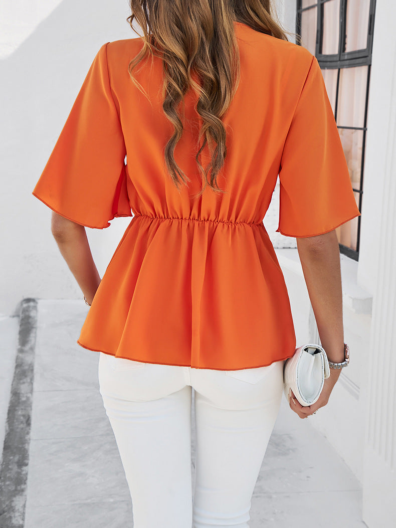 Orange V-Neck Flared Sleeves Tie-Ups Detail Wrap Longline Top