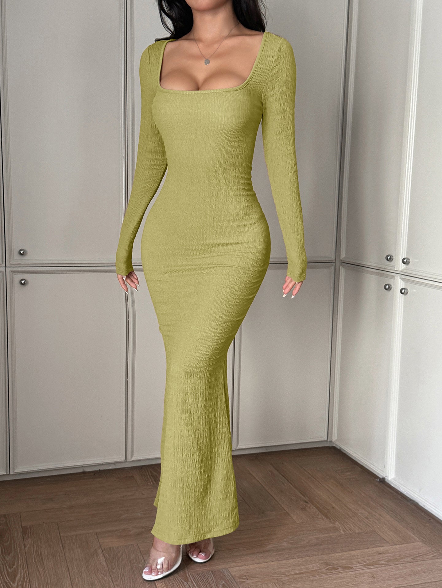 Women Solid Scoop Neck Bodycon Maxi Dress
