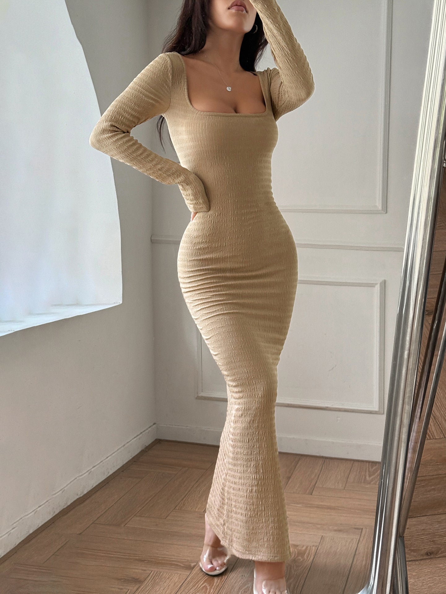 Women Square Neck Bodycon Maxi Dress