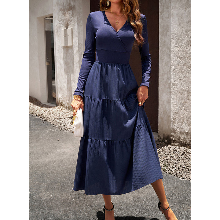 Blue V-Neck Tiered Midi Fit and Flare Dress
