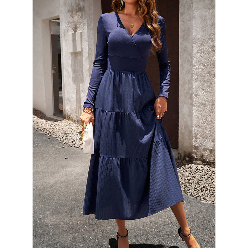 Blue V-Neck Tiered Midi Fit and Flare Dress