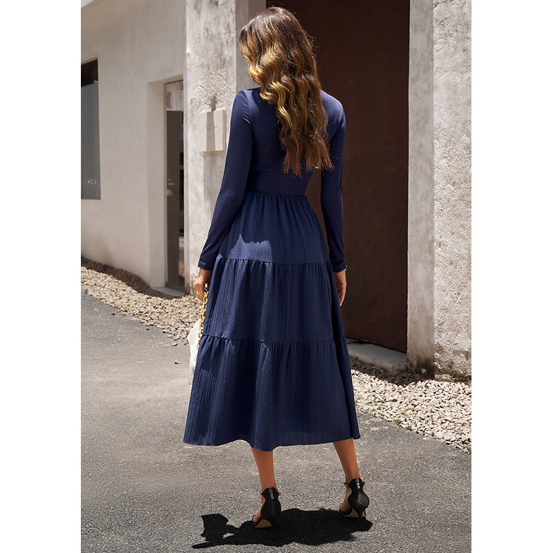 Blue V-Neck Tiered Midi Fit and Flare Dress