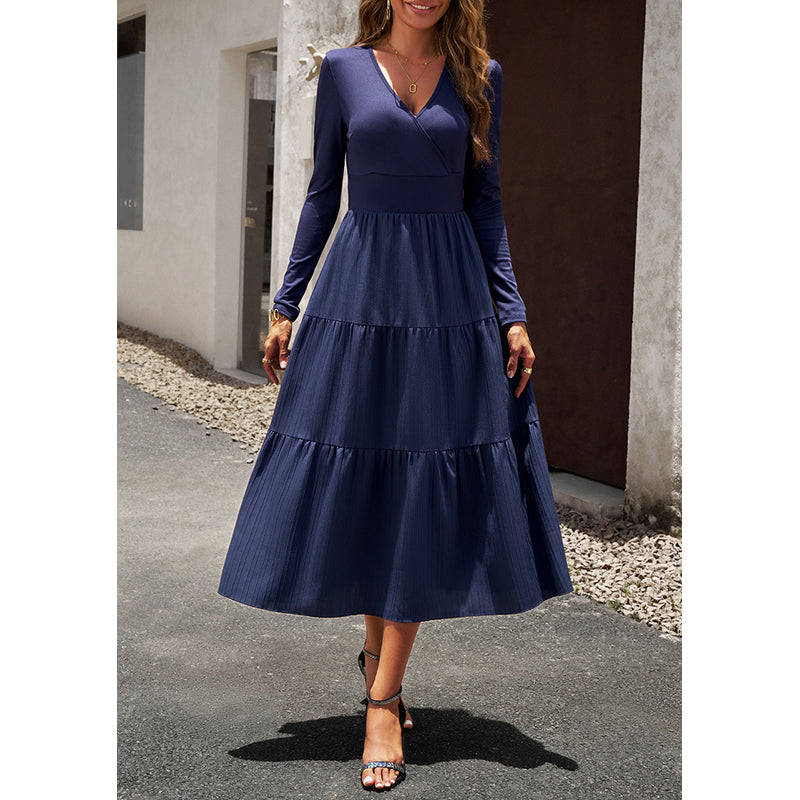Blue V-Neck Tiered Midi Fit and Flare Dress