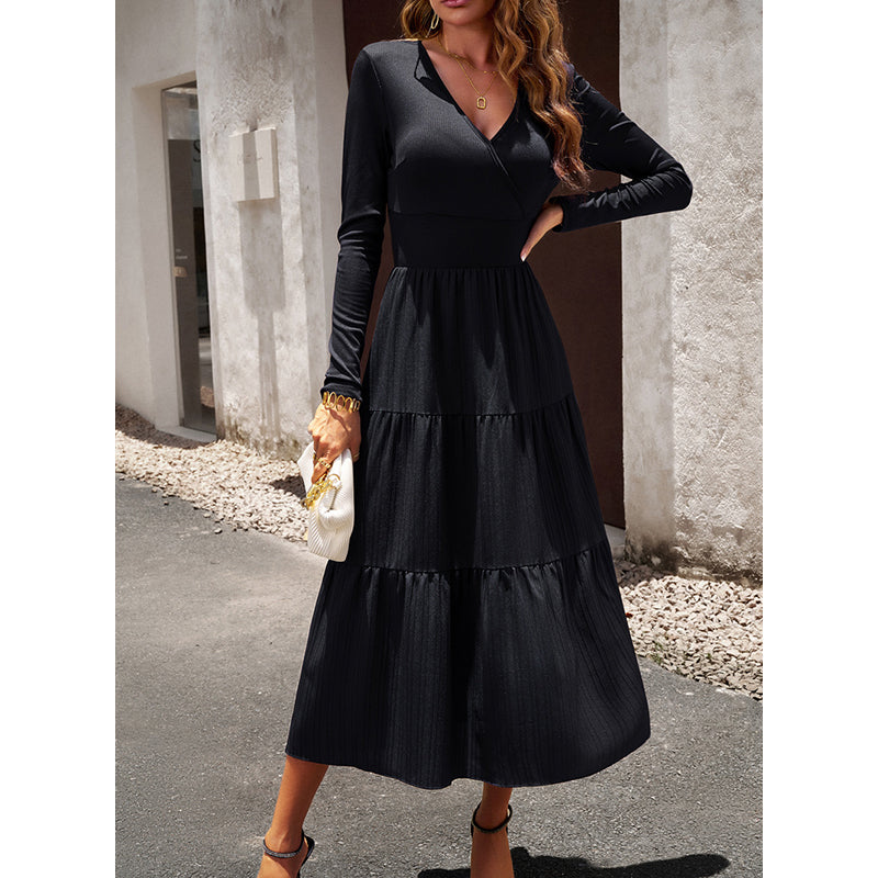 Black V-Neck Tiered Midi Fit and Flare Dress