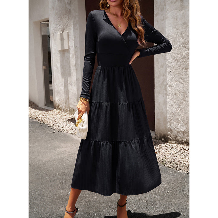 Black V-Neck Tiered Midi Fit and Flare Dress