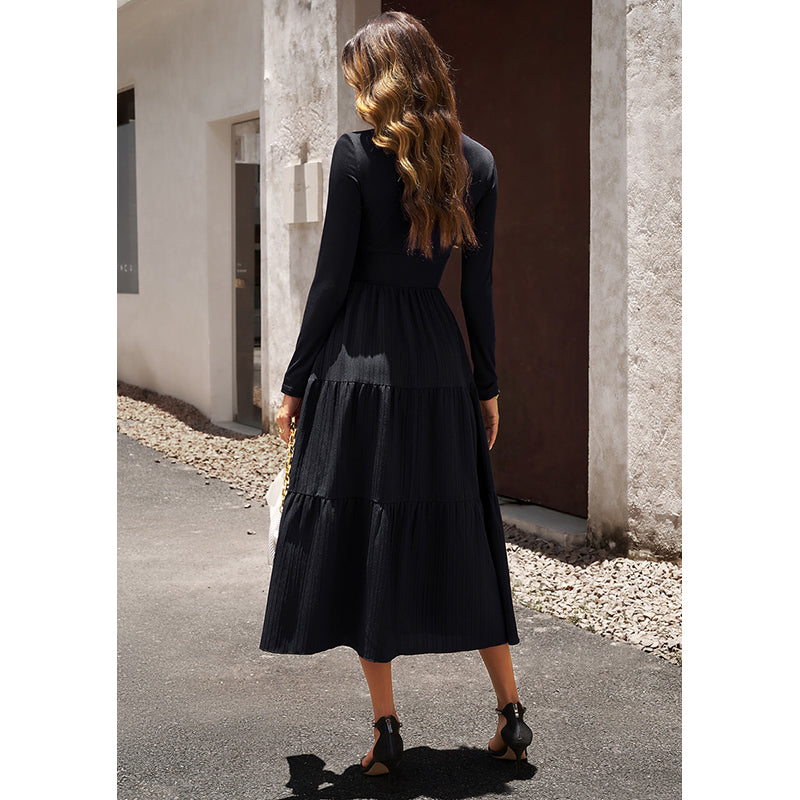 Black V-Neck Tiered Midi Fit and Flare Dress