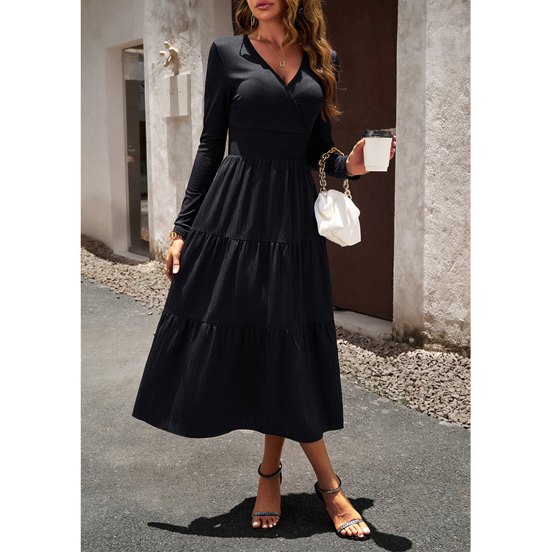 Black V-Neck Tiered Midi Fit and Flare Dress