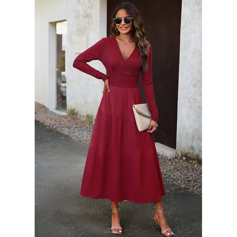 Red Long Sleeves Fit & Flare Midi Dress