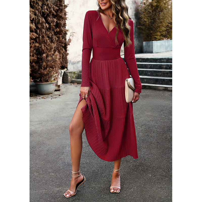 Red Long Sleeves Fit & Flare Midi Dress