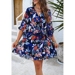 Blue & Black Floral Print Bell Sleeves Fit & Flare Dress