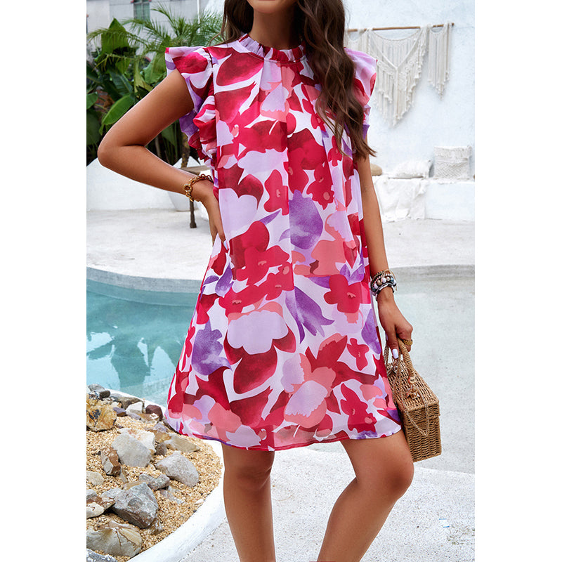 Floral Printed Flutter Sleeves A-Line Dress