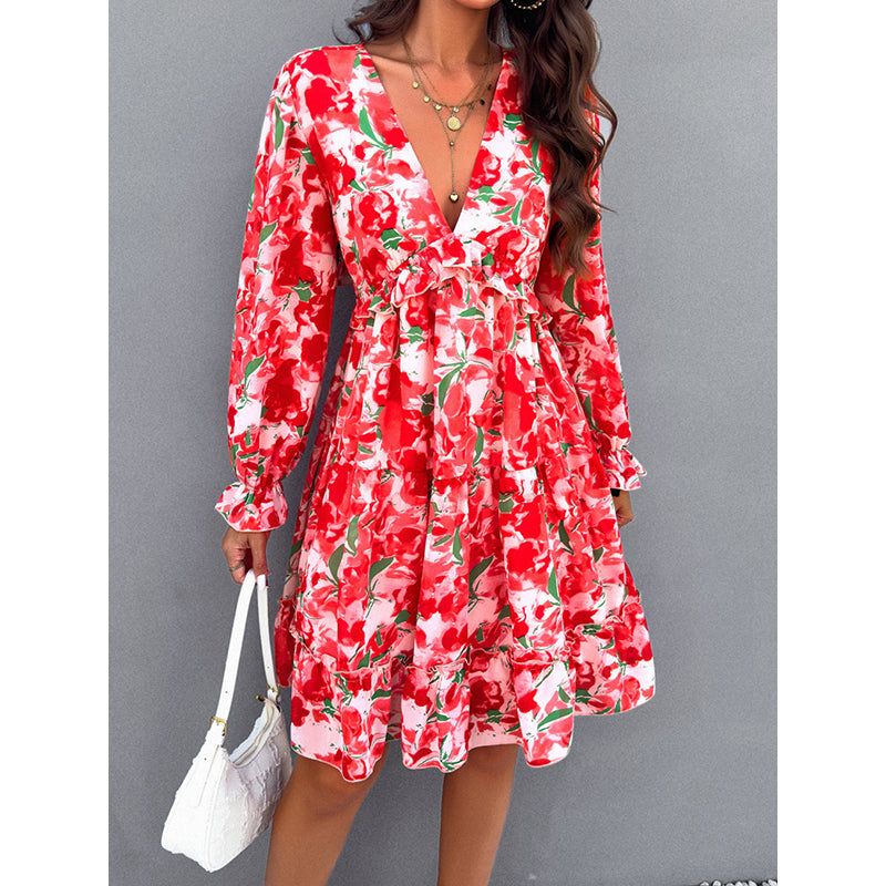 Red Floral Printed Puff Sleeves Ruffled Fit & Flare Dress