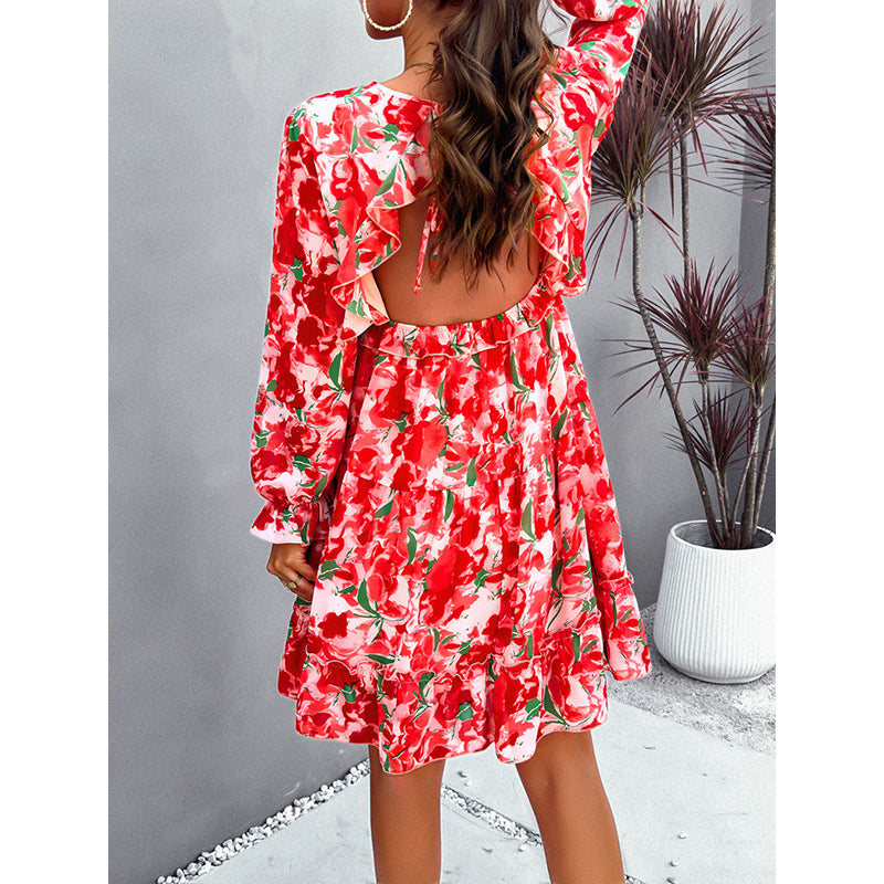Red Floral Printed Puff Sleeves Ruffled Fit & Flare Dress