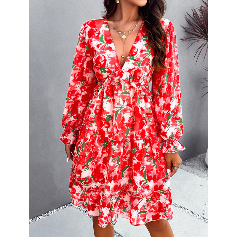 Red Floral Printed Puff Sleeves Ruffled Fit & Flare Dress