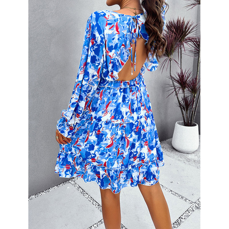 Floral Printed V-Neck Long Sleeves Ruffled Tiered Empire Dress