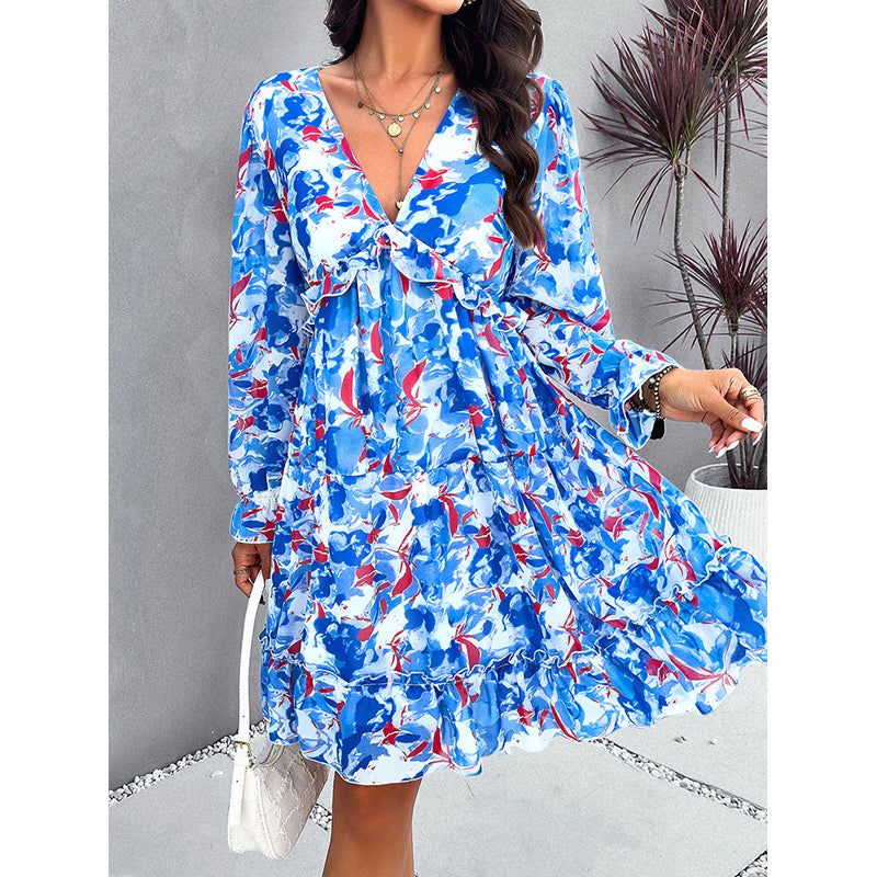 Floral Printed V-Neck Long Sleeves Ruffled Tiered Empire Dress