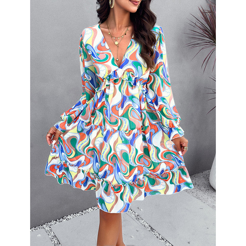 Print Long Sleeves Ruffled Fit & Flare Dress