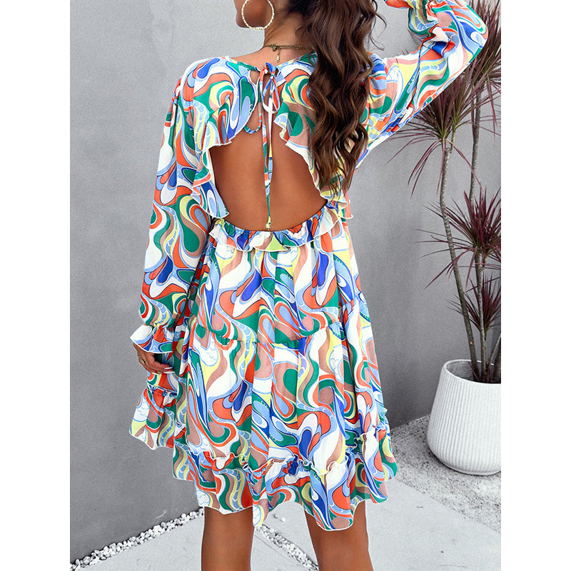 Print Long Sleeves Ruffled Fit & Flare Dress