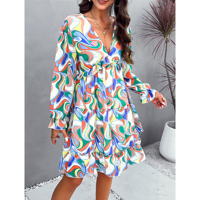 Print Long Sleeves Ruffled Fit & Flare Dress