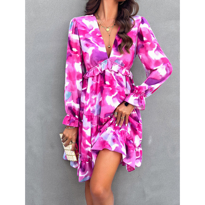 Tie and Dye Printed V-Neck Ruffled Empire Dress