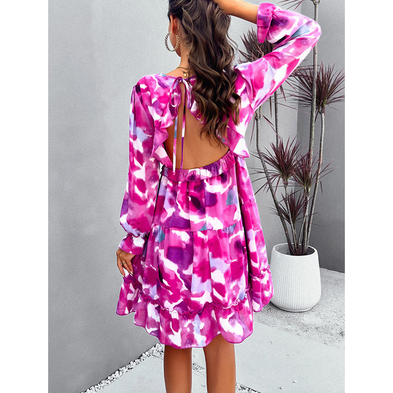 Tie and Dye Printed V-Neck Ruffled Empire Dress