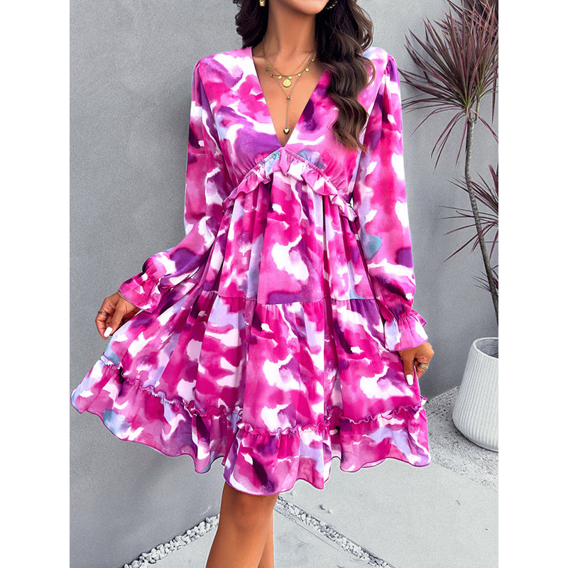 Tie and Dye Printed V-Neck Ruffled Empire Dress